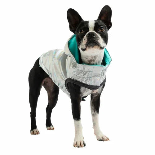 Reversible Raincoat with hood- Neon Aqua with Iridescent print Coastal Paw & Co