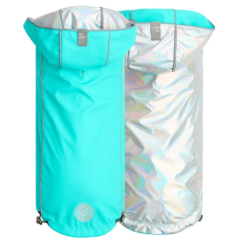 GF PET Reversible Dog Raincoat with Hood – Neon Aqua & Iridescent Waterproof Reflective Jacket