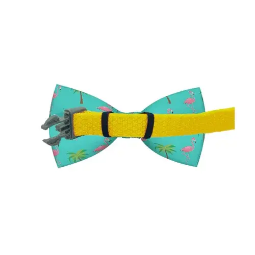 Coastal Paw & Co Miami Vice dog bow tie collar with teal flamingo and palm tree print and yellow adjustable strap
