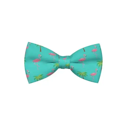 Turquoise dog bow tie with pink flamingo and palm tree pattern from Coastal Paw & Co