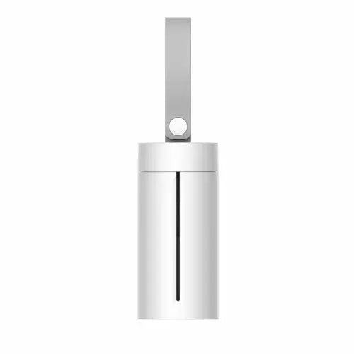 Compact white pet waste bag dispenser with gray strap for easy leash attachment