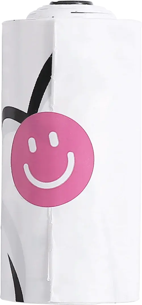 Roll of dog waste bags with a pink smiling face design, coastal pet accessory