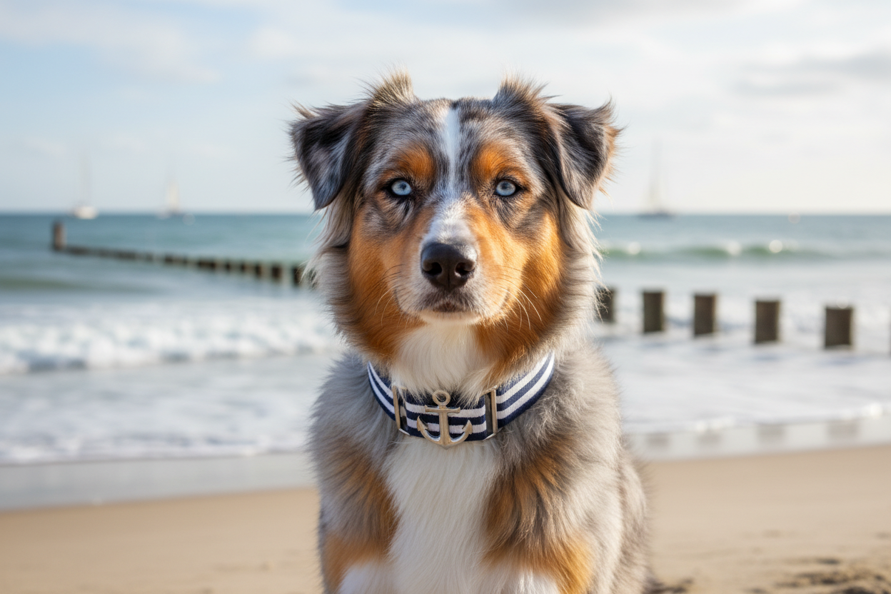 australian shephard wearing an anchor collar