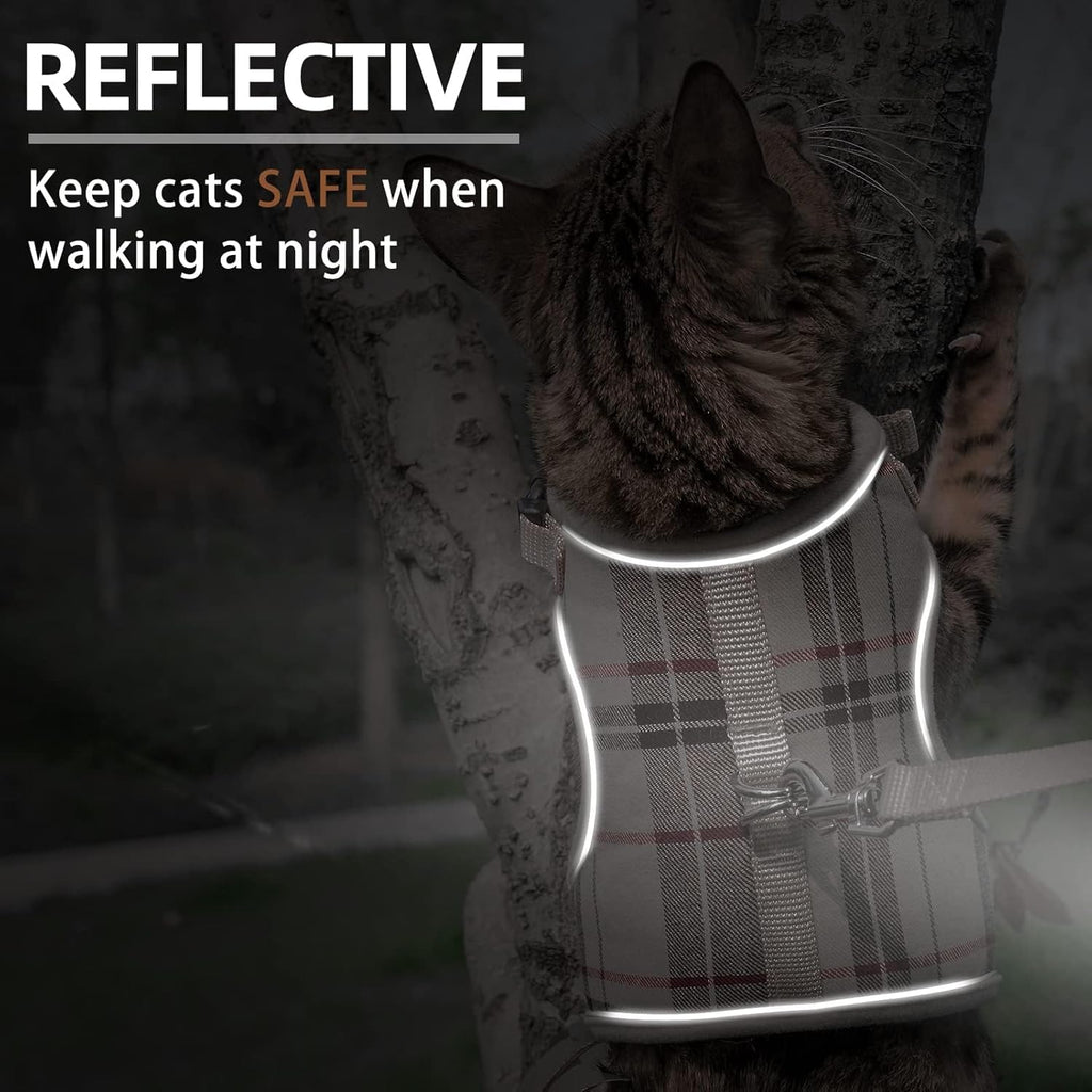 Soft Mesh Cat Vest Harness and Leash Set Puppy Padded Pet Harnesses Escape Proof for Cats Small Dogs Rabbits Bunny, Plaid Beige, M
