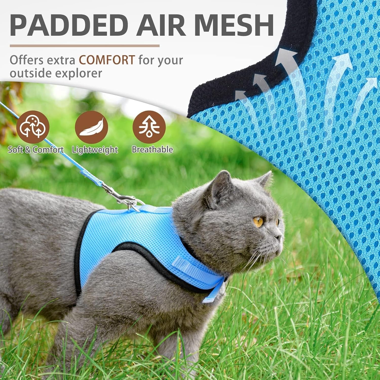 Soft Mesh Cat Vest Harness and Leash Set Puppy Padded Pet Harnesses Escape Proof for Cats Small Dogs, Blue Small