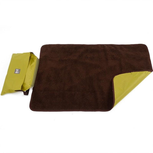 Brown and green waterproof pet blanket with carrying pouch for outdoor use