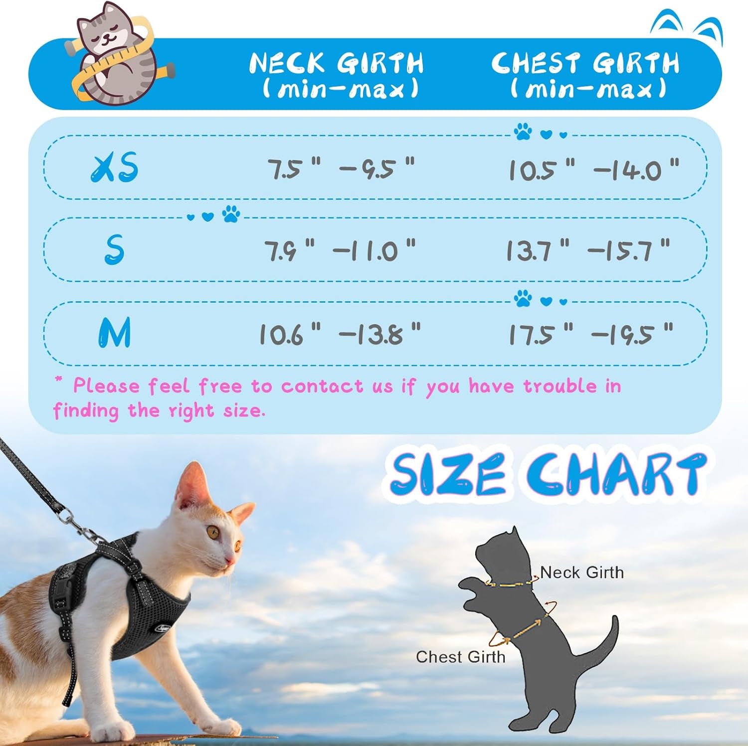 Cat Harness and Leash Set for Small to Large Cats Adjustable Cat Vest Harness with Reflective Trim Universal Cat Leash and Harness for Cats/Puppies