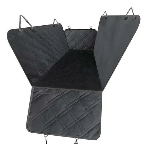 Black quilted waterproof car seat cover for dogs with side flaps and adjustable straps