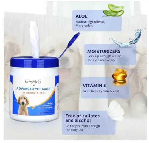 Advanced pet care grooming wipes container featuring aloe, moisturizers, vitamin E, and sulfate-alcohol free formula