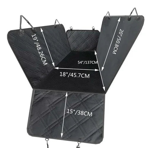 Black quilted waterproof car seat cover with dimensions for pet protection and travel from Coastal Paw & Co