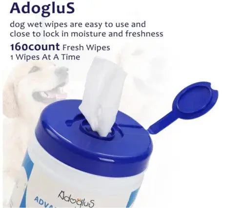 Container of Adoglus dog wet wipes with blue lid open, showing one fresh wipe for easy use and moisture lock