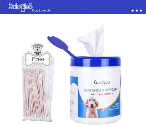 Advanced pet care grooming wipes with dog image and free pack of cotton swabs on white background