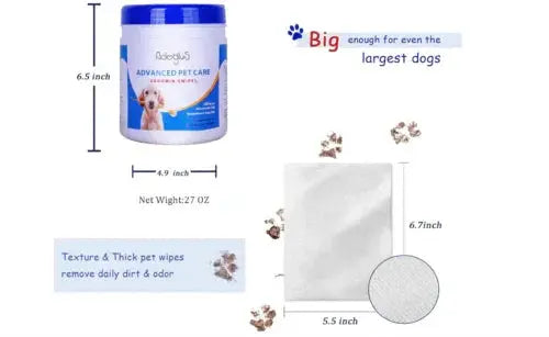 Advanced pet care dog wipes container and detailed size dimensions with texture close-up for large dogs
