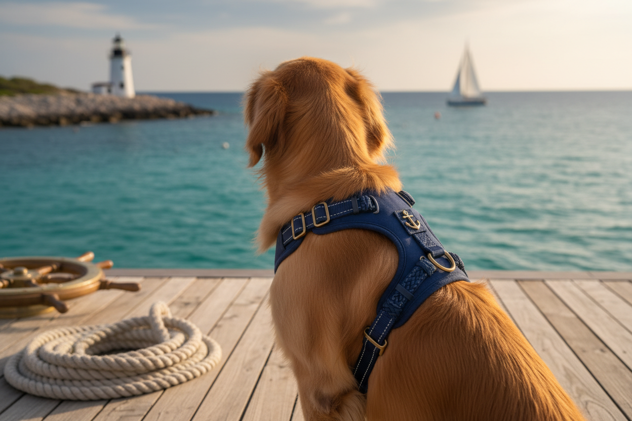 dog wearing a blue harness