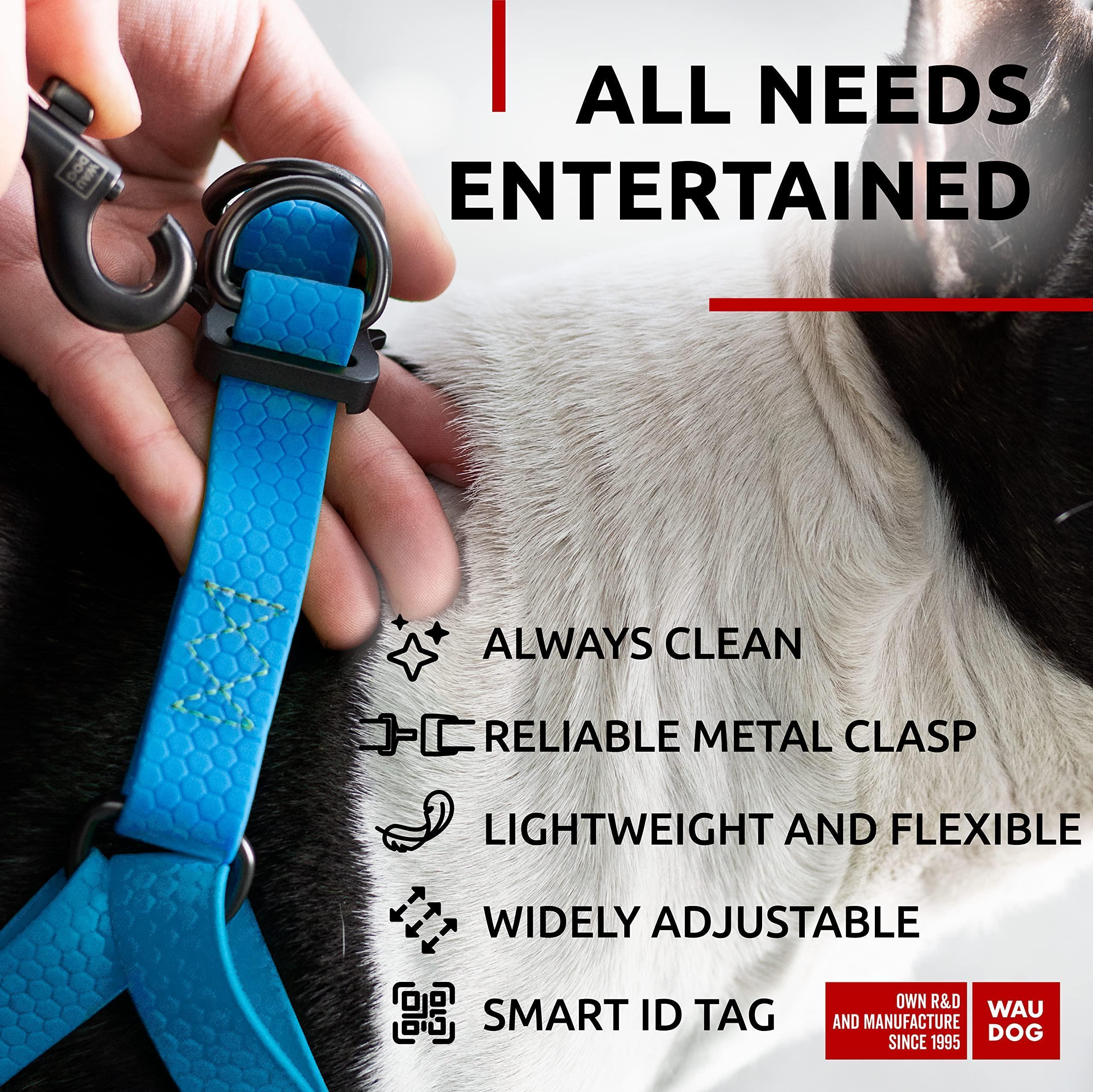 WAUDOG Waterproof Adjustable Dog Harness with Durable Metal Clasp and QR Dog Tag, Blue (24-35In)