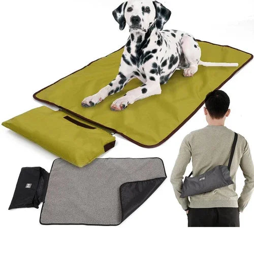 Dalmatian dog lying on olive green portable pet travel mat with foldable and carry bag, shown in use and packed form