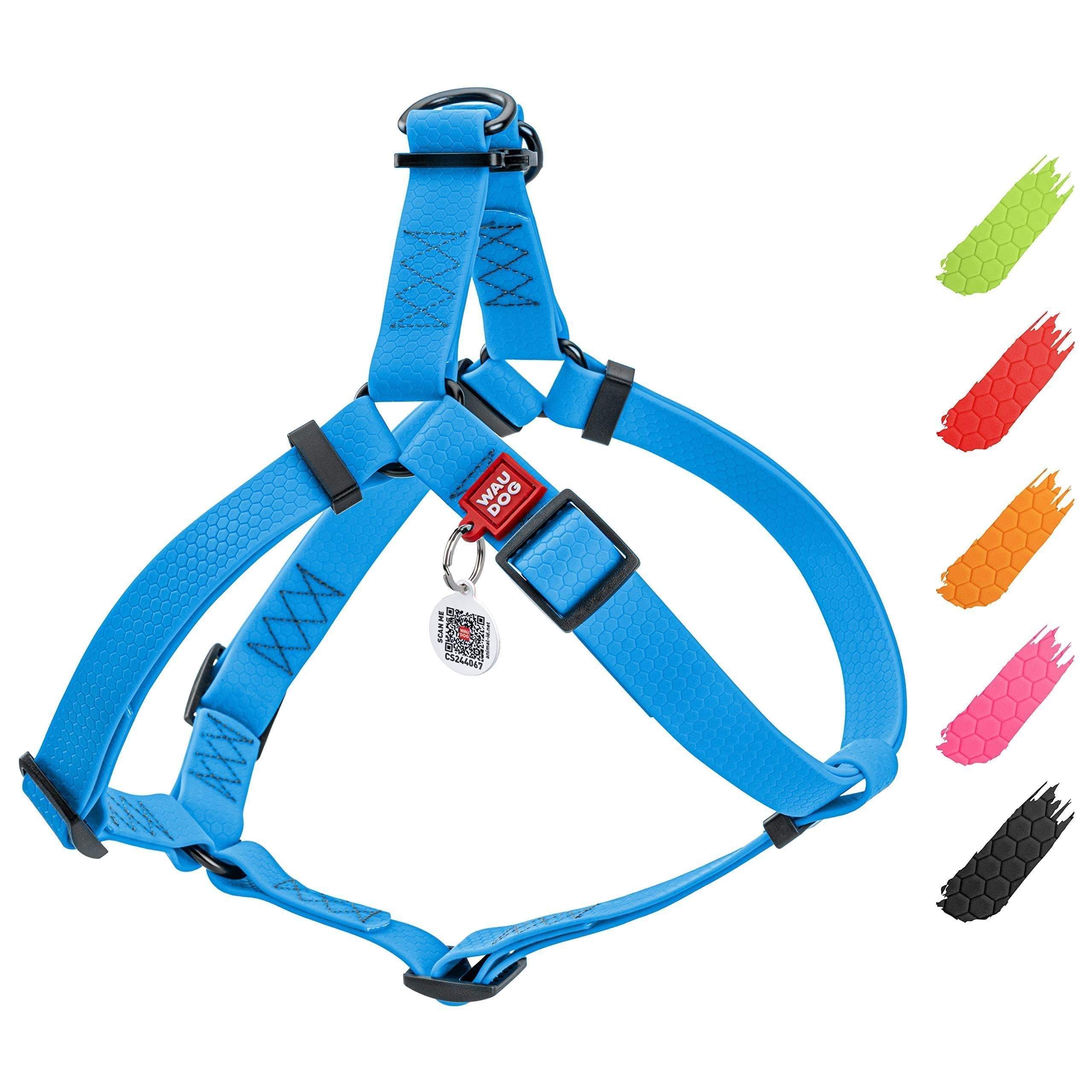 WAUDOG Waterproof Adjustable Dog Harness with Durable Metal Clasp and QR Dog Tag, Blue (24-35In)