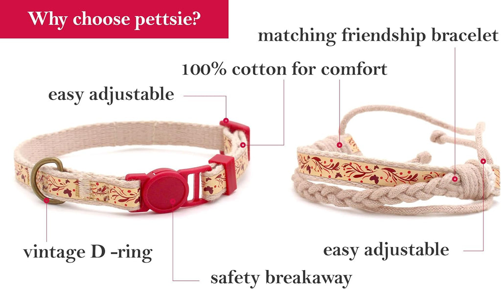 Breakaway Cat Collar & Matching Friendship Bracelet – Adjustable, Soft Cotton Collar for Cats, Quick-Release Safety Buckle, Lightweight, Stylish, Anti-Lost ID Tag, Red